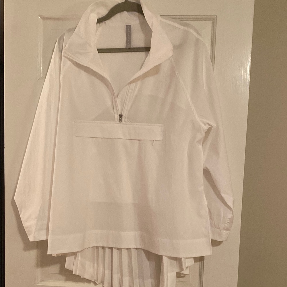 Athleta White Half-Zip Pullover with Pleated Hem
